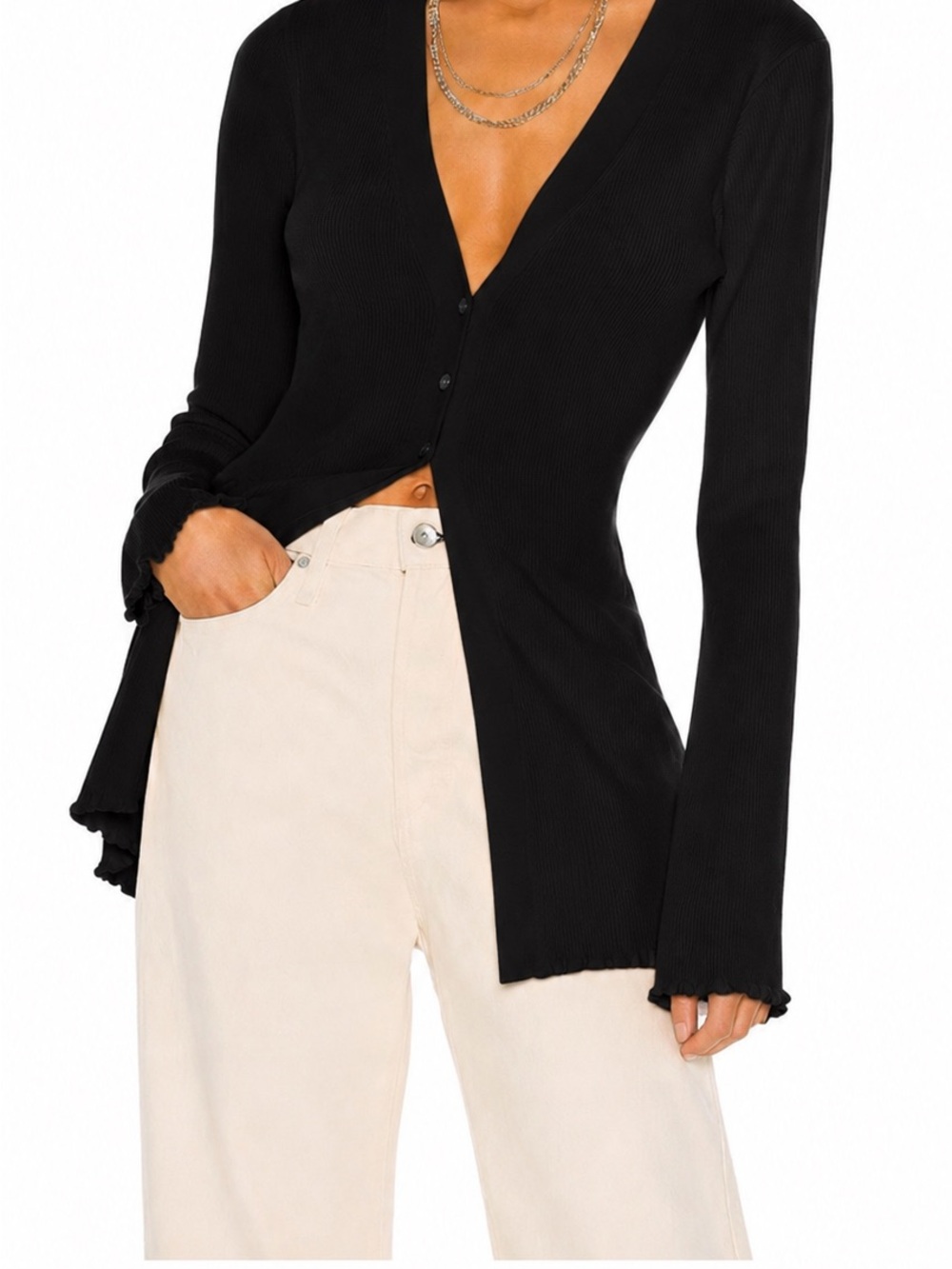 Weekend Stories Black Ribbed Button Cardigan Sweater